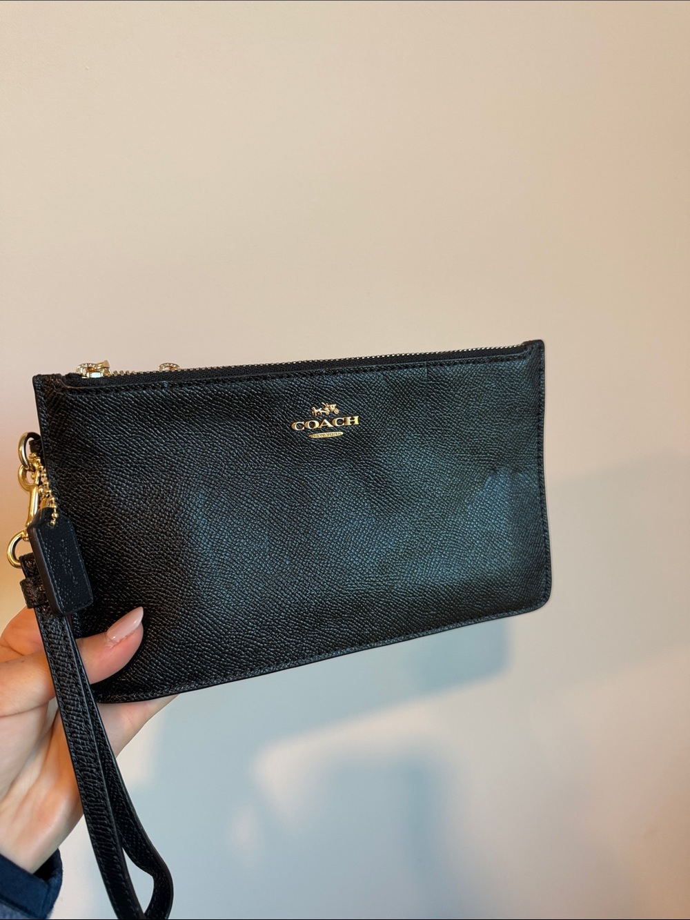 Coach Black Leather Wristlet with Gold Logo Accent